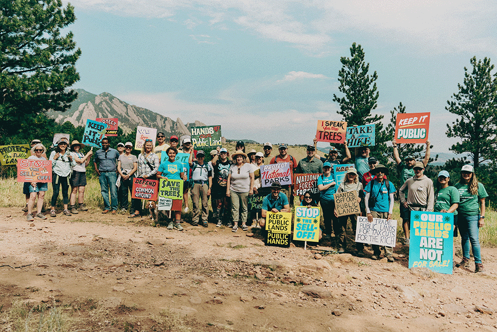 LCV members hold colorful signs with slogans about protecting public lands outdoors with a mountain in the background.