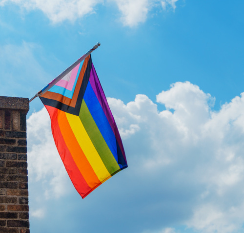 A Progress Pride flag billows from the corner of a brick building, with a cloudy blue sky behind it.
