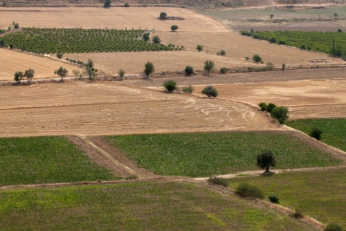 Aerial view of a farm landscape.
