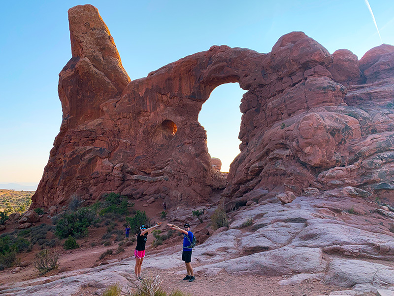 The arch at arches national park at sunset.
