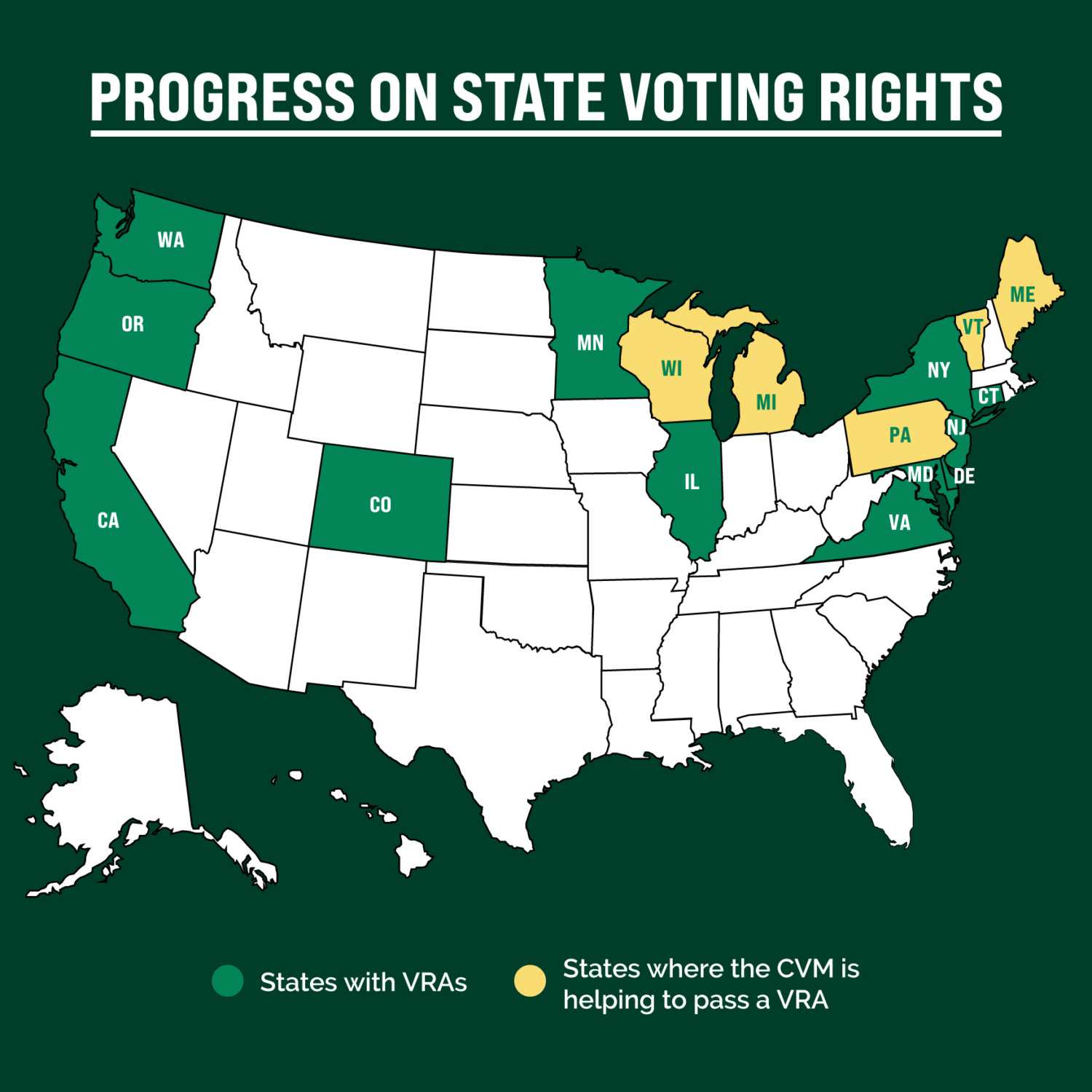 A map highlighting states that have Voting Rights Acts in effect (California, Colorado, Connecticut, Delaware, Illinois, Maryland, Minnesota, New Jersey, New York, Oregon, Virginia and Washington), and states where the CVM is working to pass one (Maine, Vermont, Michigan, Pennsylvania, and Wisconsin).