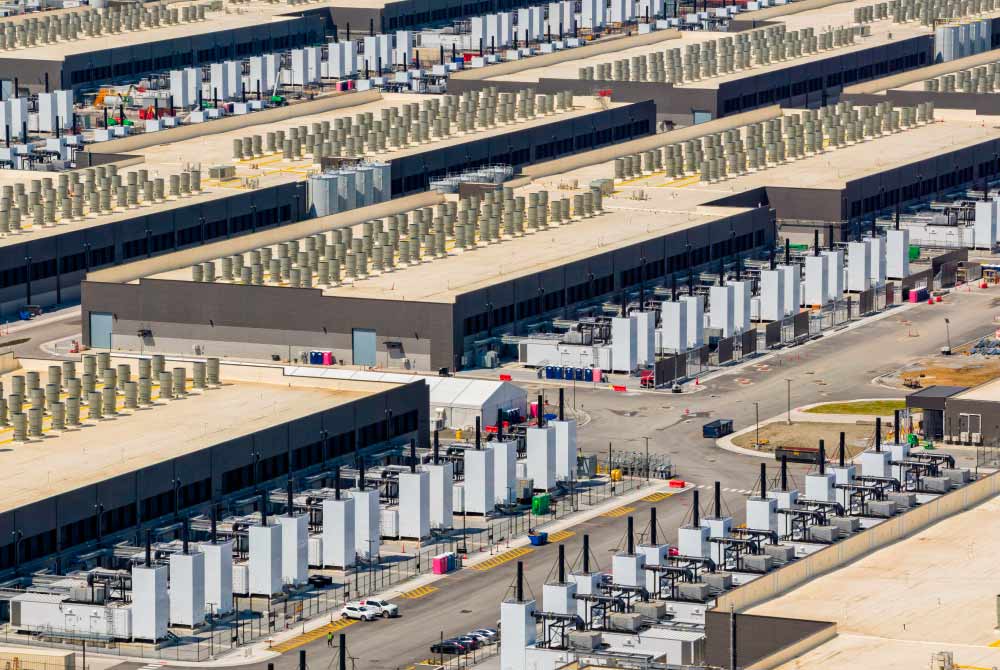 Aerial view of large AI data center with many buildings and structures